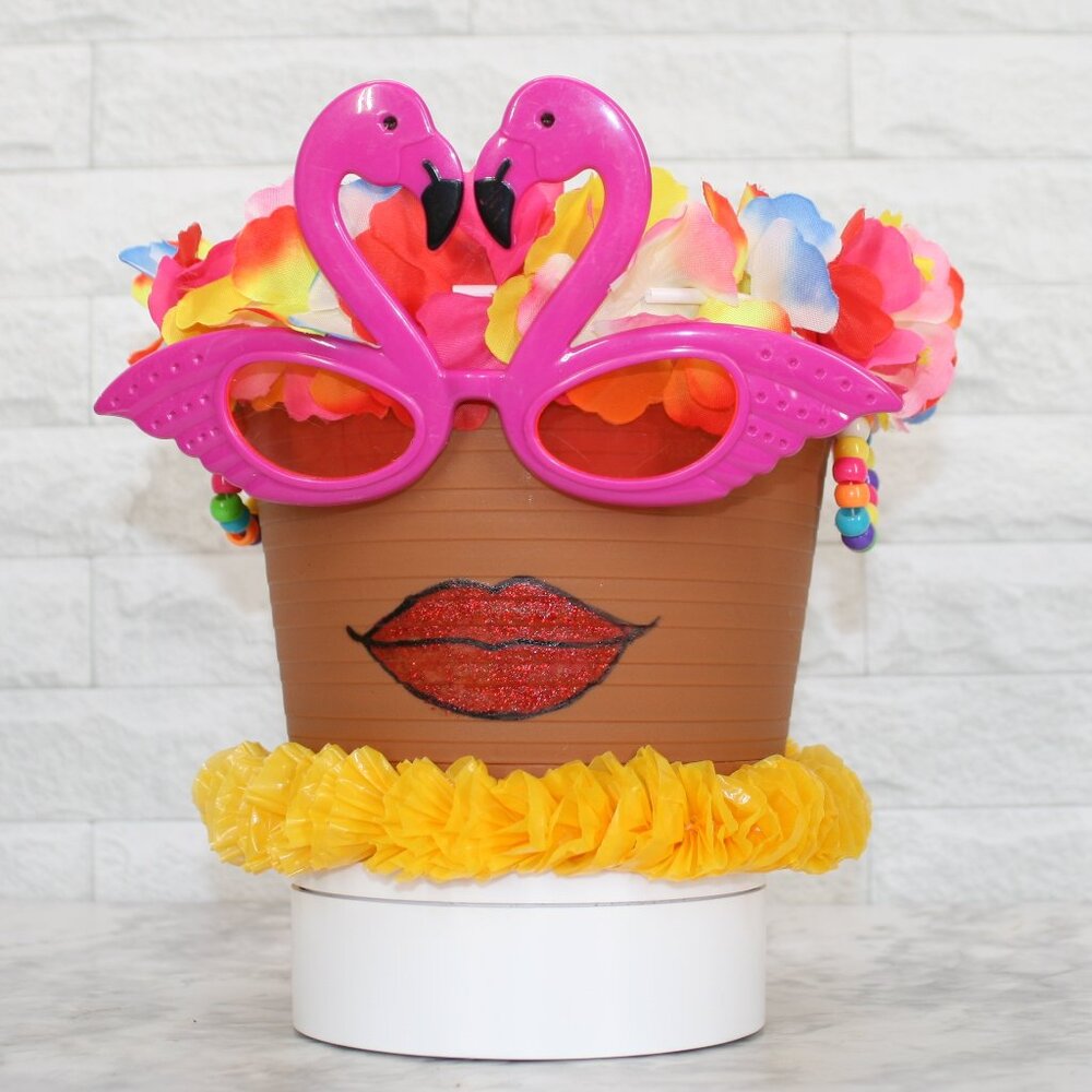 HAND CRAFTED Pot Head Flamingo Planter Upcycled Lady Face Luau Decor